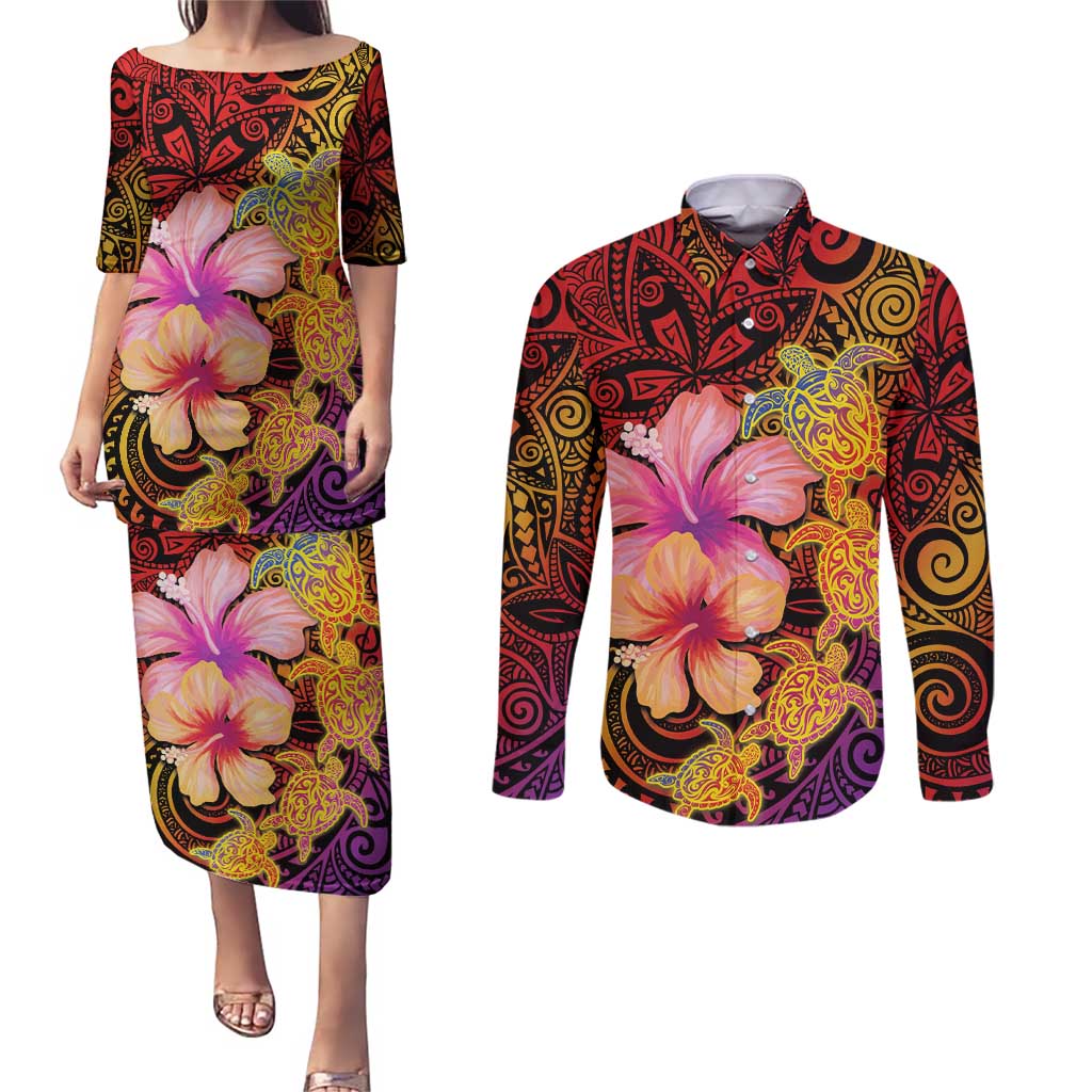 Hawaiian Hibiscus Turtle Tribal Polynesian Pattern Couples Matching Puletasi and Long Sleeve Button Shirt Colorful Color LT03 Red - Polynesian Pride