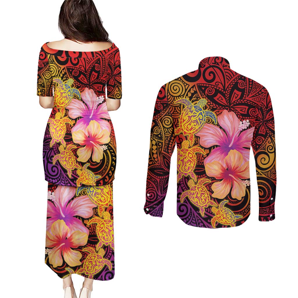 Hawaiian Hibiscus Turtle Tribal Polynesian Pattern Couples Matching Puletasi and Long Sleeve Button Shirt Colorful Color LT03 - Polynesian Pride