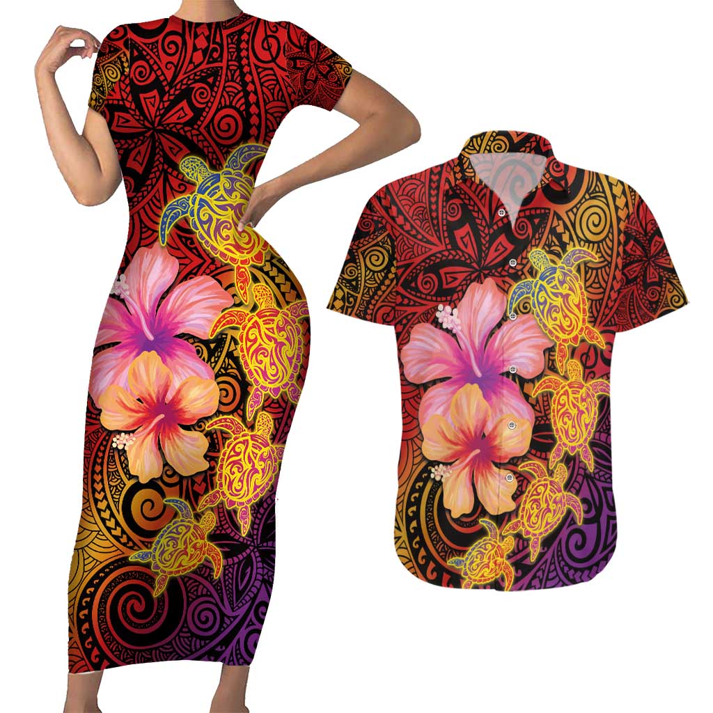 Hawaiian Hibiscus Turtle Tribal Polynesian Pattern Couples Matching Short Sleeve Bodycon Dress and Hawaiian Shirt Colorful Color