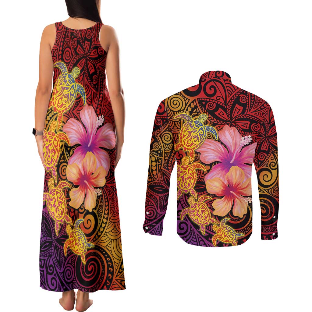 Hawaiian Hibiscus Turtle Tribal Polynesian Pattern Couples Matching Tank Maxi Dress and Long Sleeve Button Shirt Colorful Color LT03 - Polynesian Pride