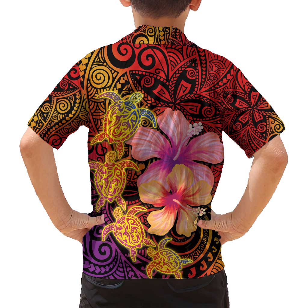 Hawaiian Hibiscus Turtle Tribal Polynesian Pattern Family Matching Long Sleeve Bodycon Dress and Hawaiian Shirt Colorful Color