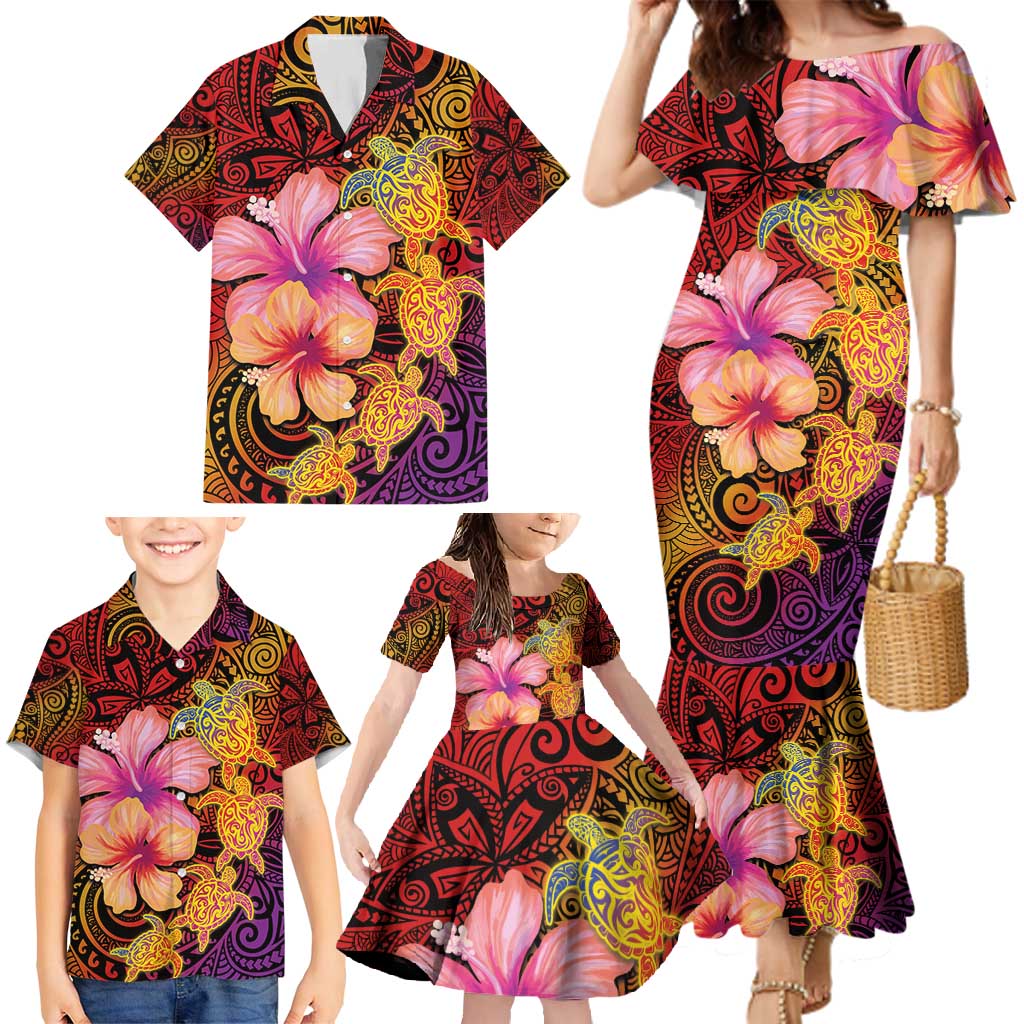 Hawaiian Hibiscus Turtle Tribal Polynesian Pattern Family Matching Mermaid Dress and Hawaiian Shirt Colorful Color