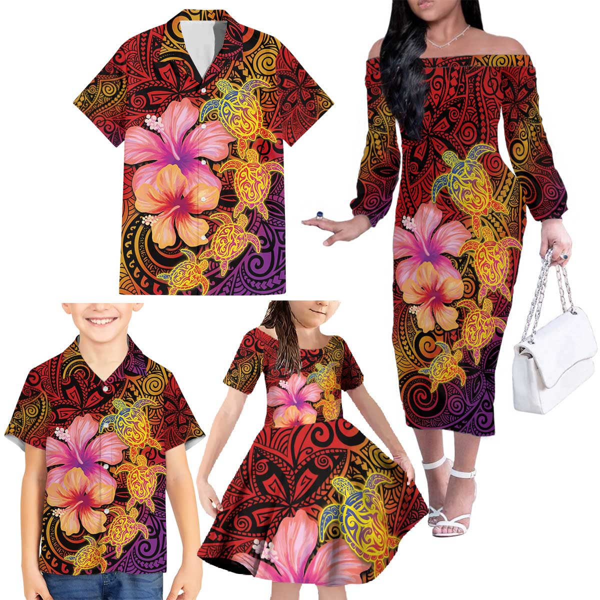 Hawaiian Hibiscus Turtle Tribal Polynesian Pattern Family Matching Off The Shoulder Long Sleeve Dress and Hawaiian Shirt Colorful Color LT03 - Polynesian Pride