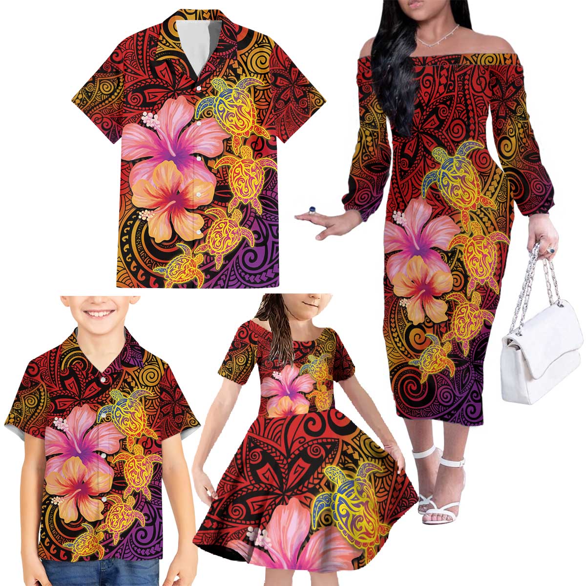 Hawaiian Hibiscus Turtle Tribal Polynesian Pattern Family Matching Off The Shoulder Long Sleeve Dress and Hawaiian Shirt Colorful Color