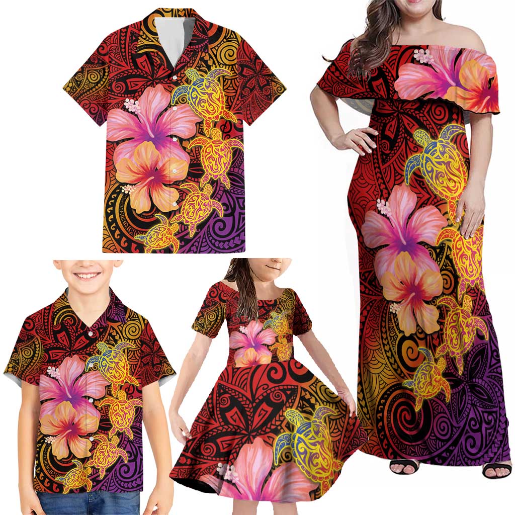 Hawaiian Hibiscus Turtle Tribal Polynesian Pattern Family Matching Off Shoulder Maxi Dress and Hawaiian Shirt Colorful Color