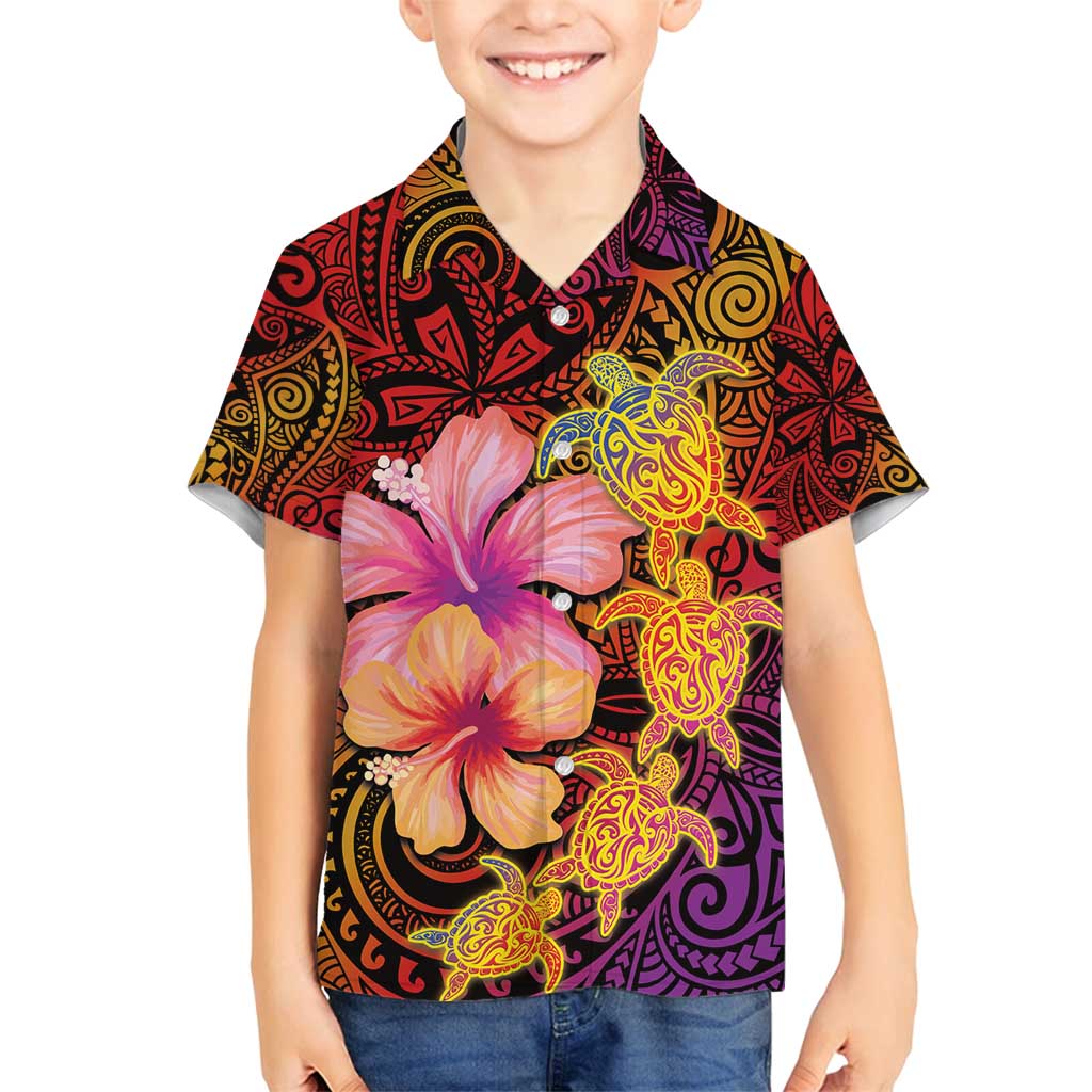 Hawaiian Hibiscus Turtle Tribal Polynesian Pattern Family Matching Off Shoulder Maxi Dress and Hawaiian Shirt Colorful Color