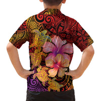 Hawaiian Hibiscus Turtle Tribal Polynesian Pattern Family Matching Off Shoulder Short Dress and Hawaiian Shirt Colorful Color