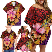 Hawaiian Hibiscus Turtle Tribal Polynesian Pattern Family Matching Off Shoulder Short Dress and Hawaiian Shirt Colorful Color