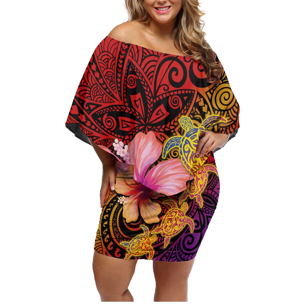Hawaiian Hibiscus Turtle Tribal Polynesian Pattern Family Matching Off Shoulder Short Dress and Hawaiian Shirt Colorful Color