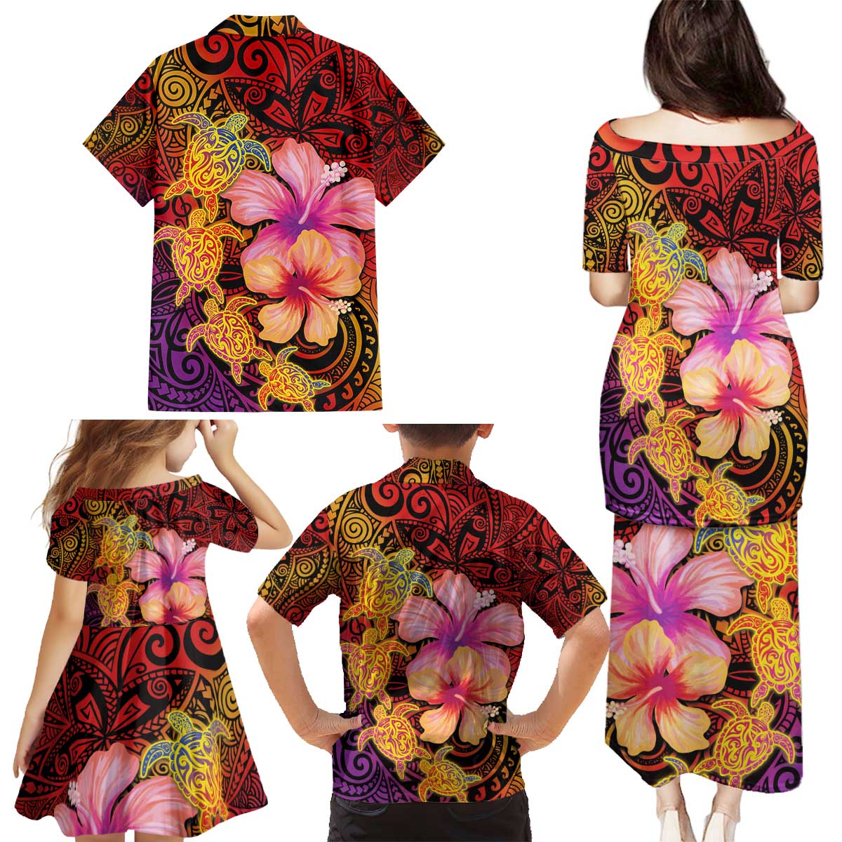 Hawaiian Hibiscus Turtle Tribal Polynesian Pattern Family Matching Puletasi and Hawaiian Shirt Colorful Color