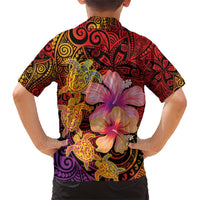 Hawaiian Hibiscus Turtle Tribal Polynesian Pattern Family Matching Short Sleeve Bodycon Dress and Hawaiian Shirt Colorful Color