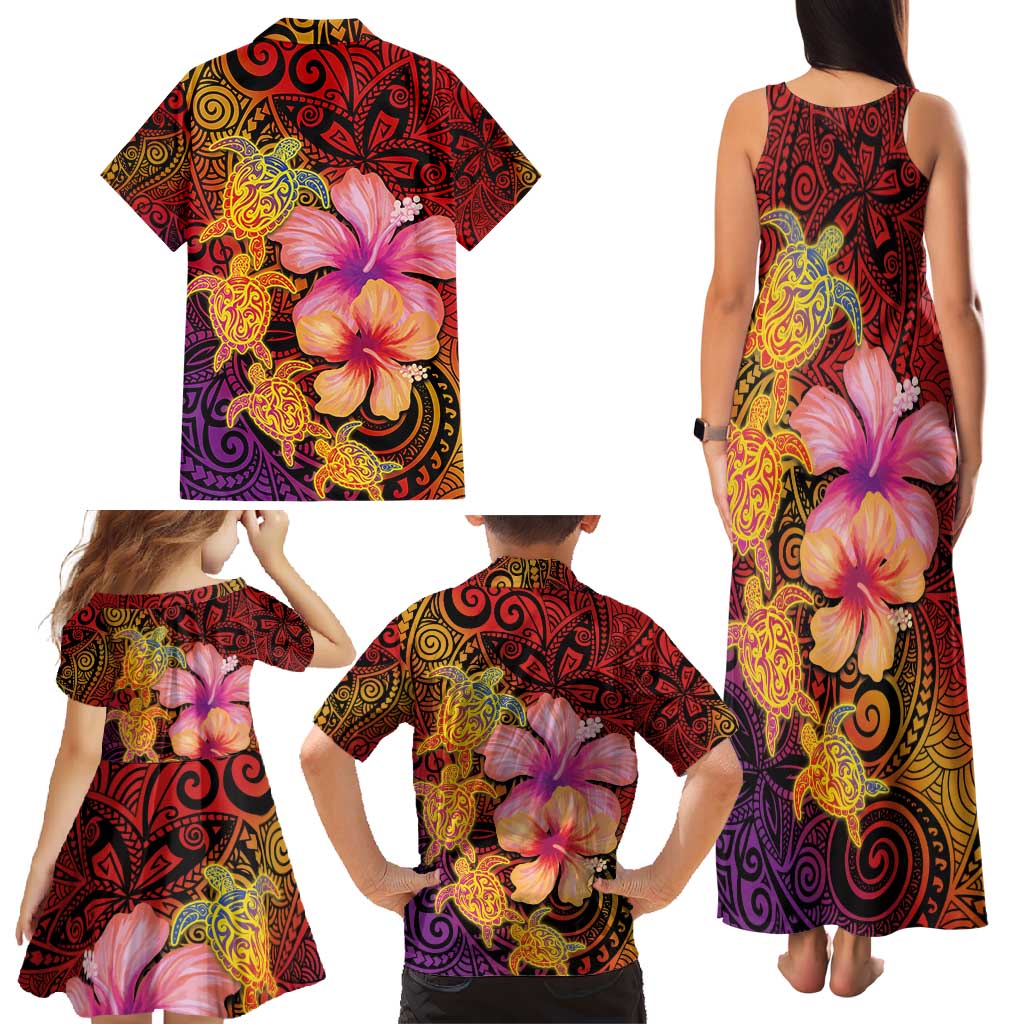 Hawaiian Hibiscus Turtle Tribal Polynesian Pattern Family Matching Tank Maxi Dress and Hawaiian Shirt Colorful Color