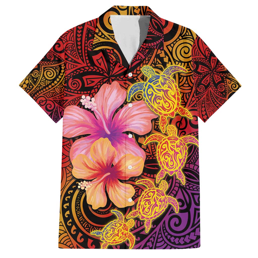 Hawaiian Hibiscus Turtle Tribal Polynesian Pattern Family Matching Tank Maxi Dress and Hawaiian Shirt Colorful Color