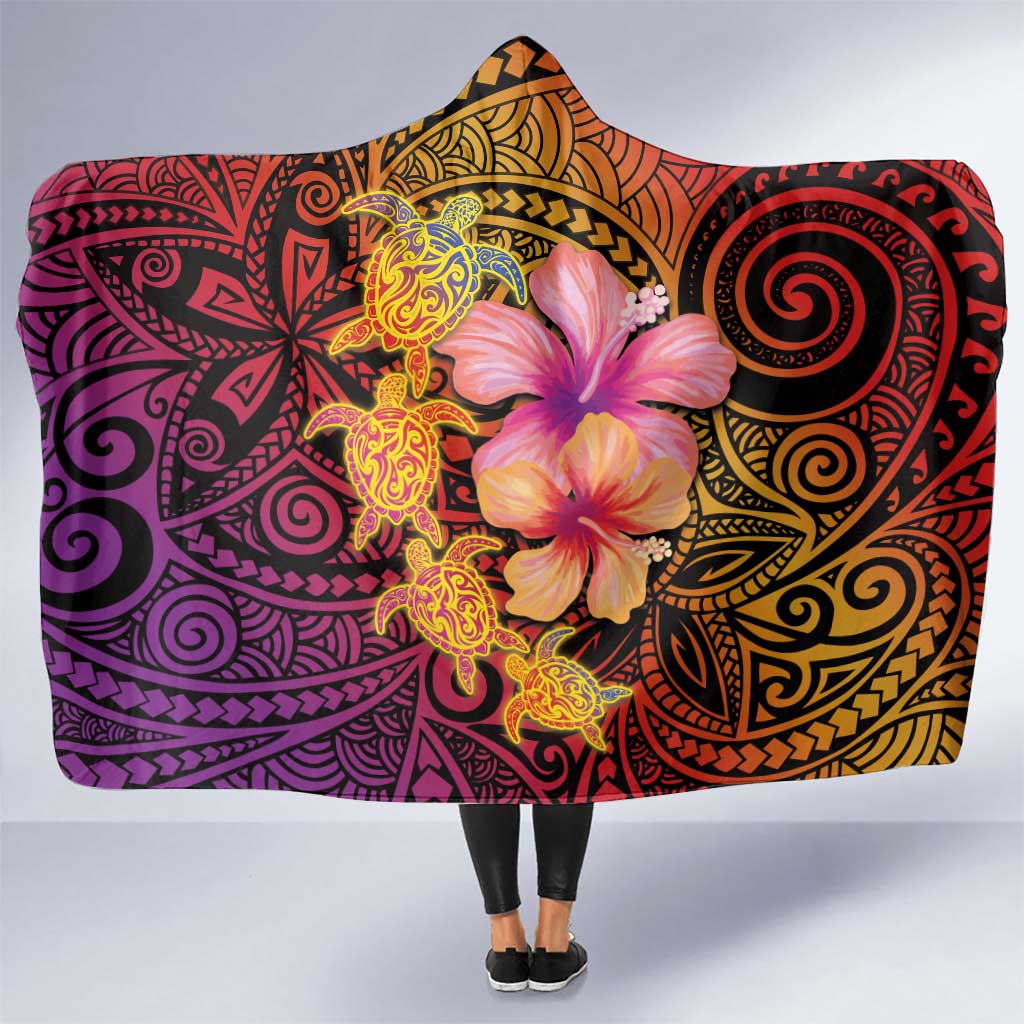 Hawaiian Hibiscus Turtle Tribal Polynesian Pattern Hooded Blanket Colorful Color LT03 One Size Red - Polynesian Pride