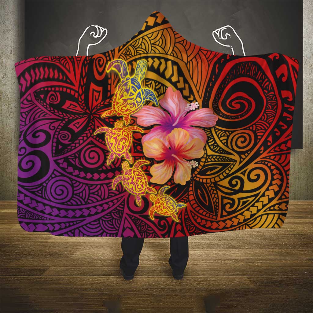 Hawaiian Hibiscus Turtle Tribal Polynesian Pattern Hooded Blanket Colorful Color LT03 - Polynesian Pride