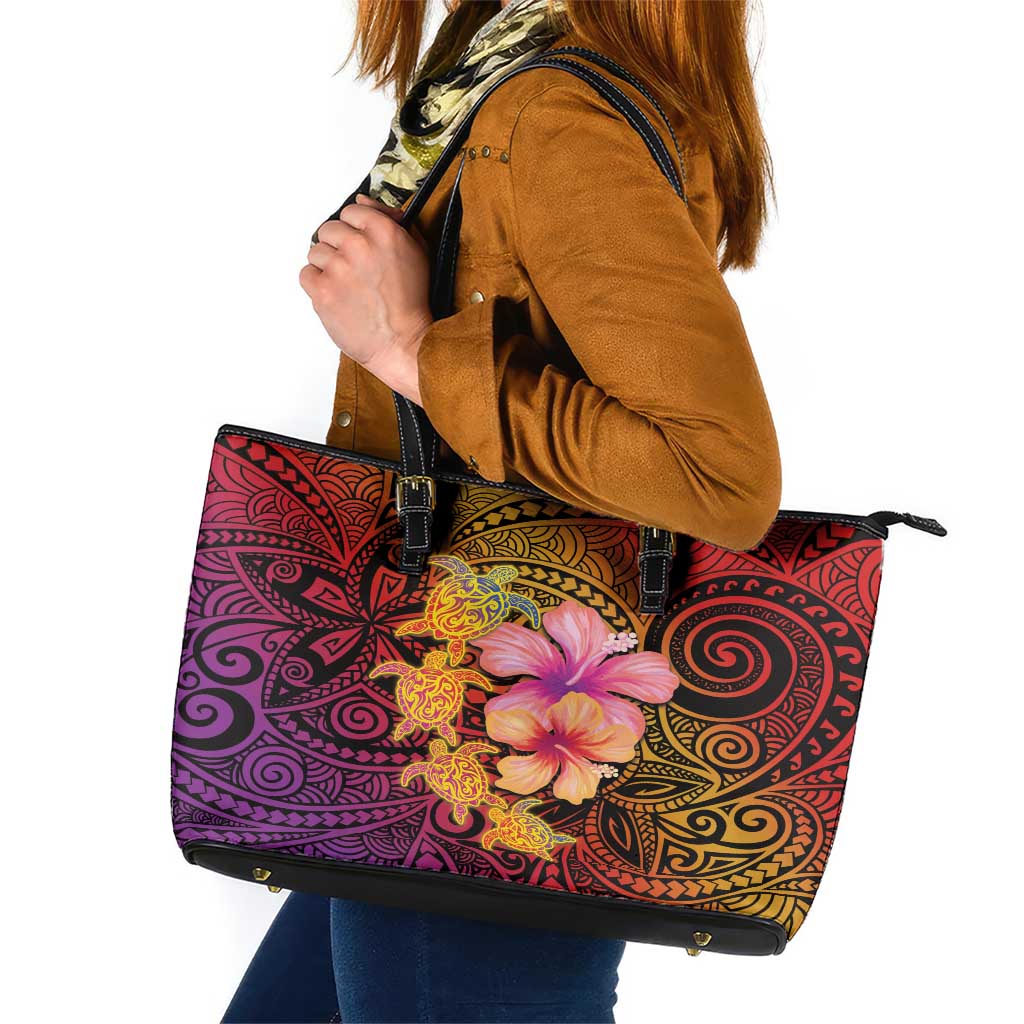 Hawaiian Hibiscus Turtle Tribal Polynesian Pattern Leather Tote Bag Colorful Color LT03 Red - Polynesian Pride