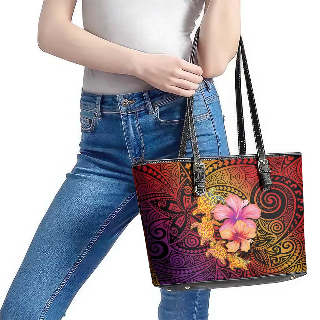 Hawaiian Hibiscus Turtle Tribal Polynesian Pattern Leather Tote Bag Colorful Color LT03 - Polynesian Pride