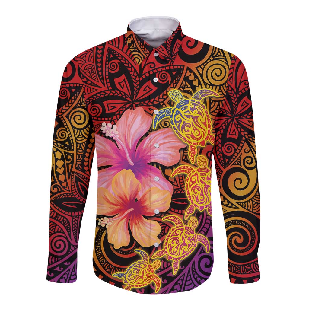 Hawaiian Hibiscus Turtle Tribal Polynesian Pattern Long Sleeve Button Shirt Colorful Color