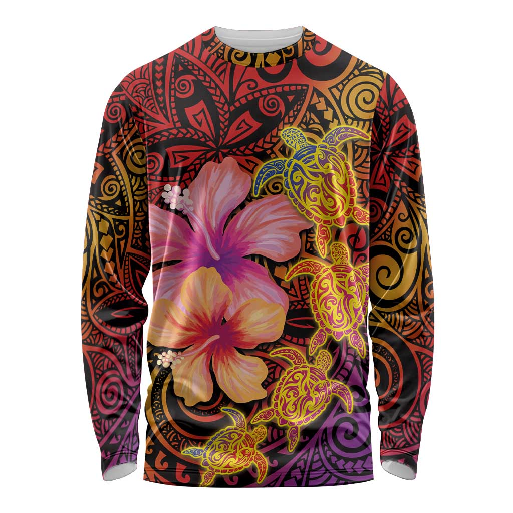 Hawaiian Hibiscus Turtle Tribal Polynesian Pattern Long Sleeve Shirt Colorful Color