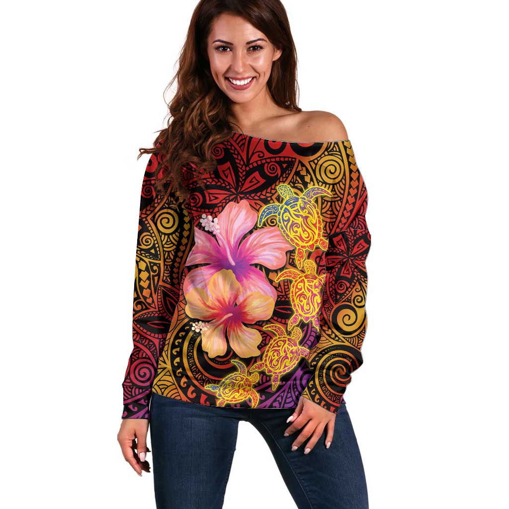 Hawaiian Hibiscus Turtle Tribal Polynesian Pattern Off Shoulder Sweater Colorful Color