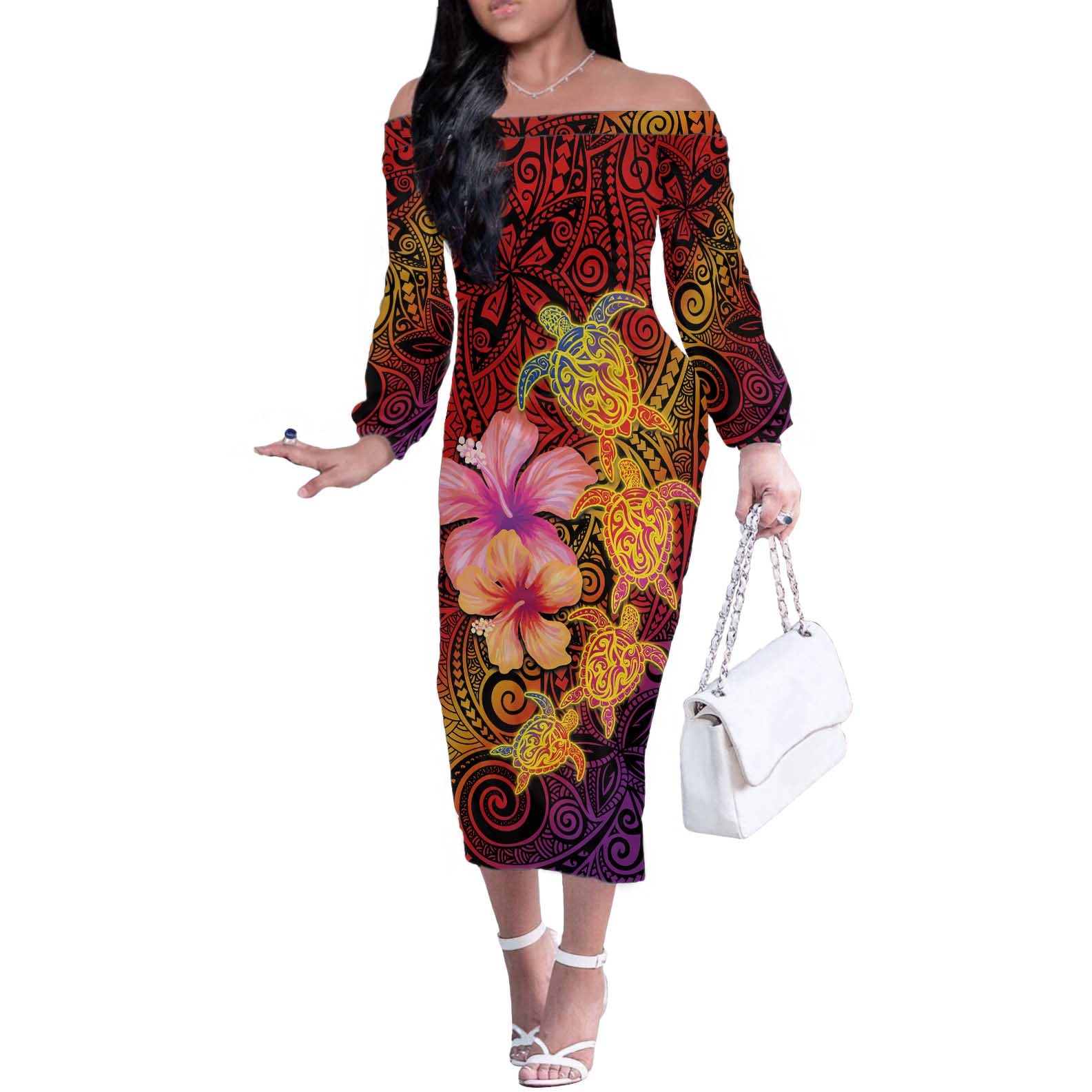 Hawaiian Hibiscus Turtle Tribal Polynesian Pattern Off The Shoulder Long Sleeve Dress Colorful Color