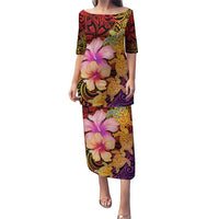 Hawaiian Hibiscus Turtle Tribal Polynesian Pattern Puletasi Colorful Color LT03 Long Dress Red - Polynesian Pride