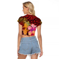 Hawaiian Hibiscus Turtle Tribal Polynesian Pattern Raglan Cropped T Shirt Colorful Color