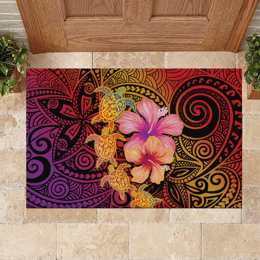 Hawaiian Hibiscus Turtle Tribal Polynesian Pattern Rubber Doormat Colorful Color LT03 Red - Polynesian Pride