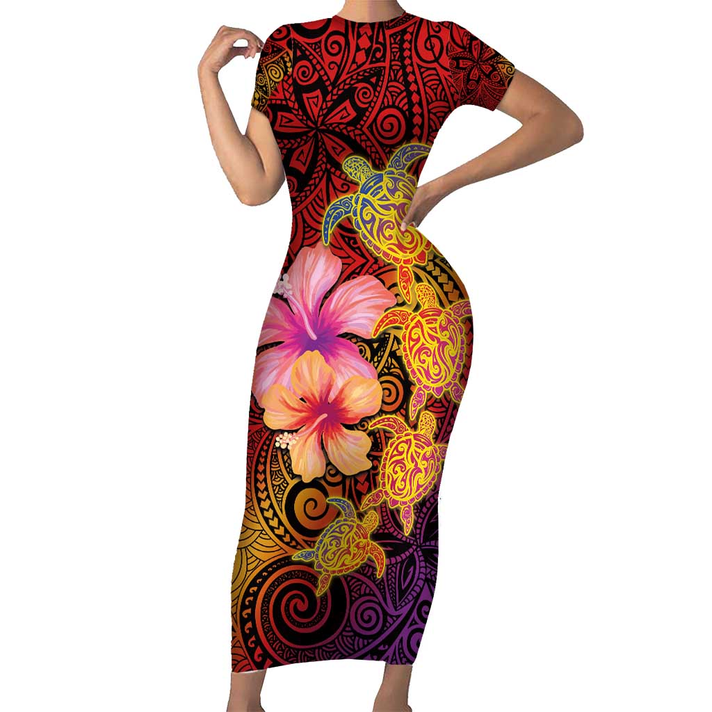 Hawaiian Hibiscus Turtle Tribal Polynesian Pattern Short Sleeve Bodycon Dress Colorful Color