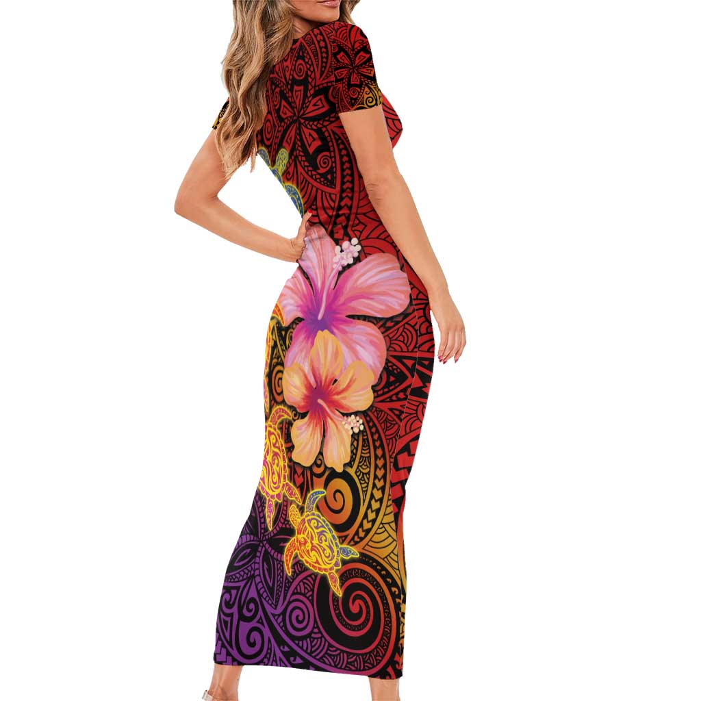 Hawaiian Hibiscus Turtle Tribal Polynesian Pattern Short Sleeve Bodycon Dress Colorful Color