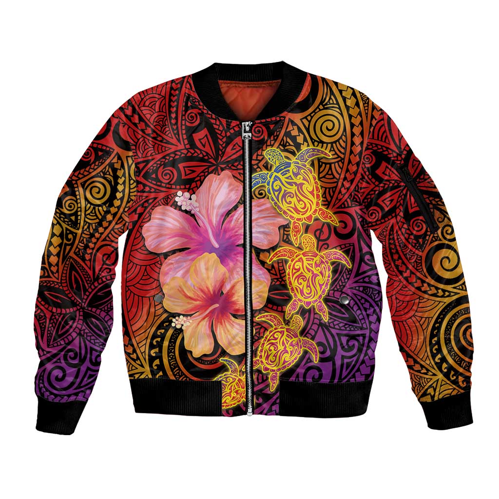 Hawaiian Hibiscus Turtle Tribal Polynesian Pattern Sleeve Zip Bomber Jacket Colorful Color