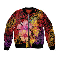 Hawaiian Hibiscus Turtle Tribal Polynesian Pattern Sleeve Zip Bomber Jacket Colorful Color