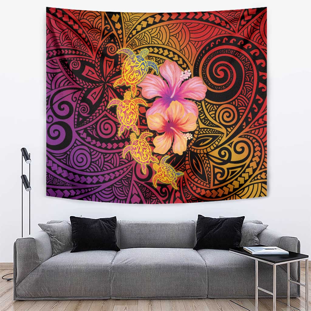 Hawaiian Hibiscus Turtle Tribal Polynesian Pattern Tapestry Colorful Color