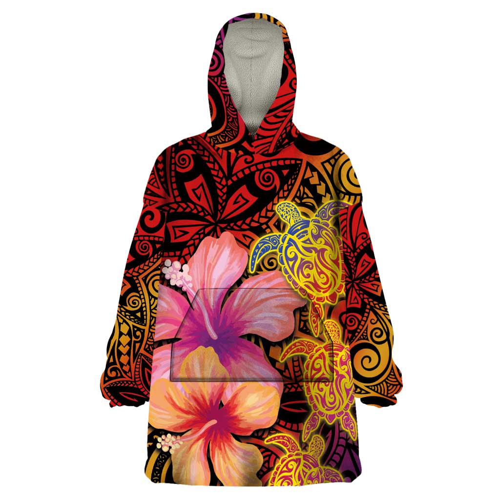Hawaiian Hibiscus Turtle Tribal Polynesian Pattern Wearable Blanket Hoodie Colorful Color LT03 One Size Red - Polynesian Pride