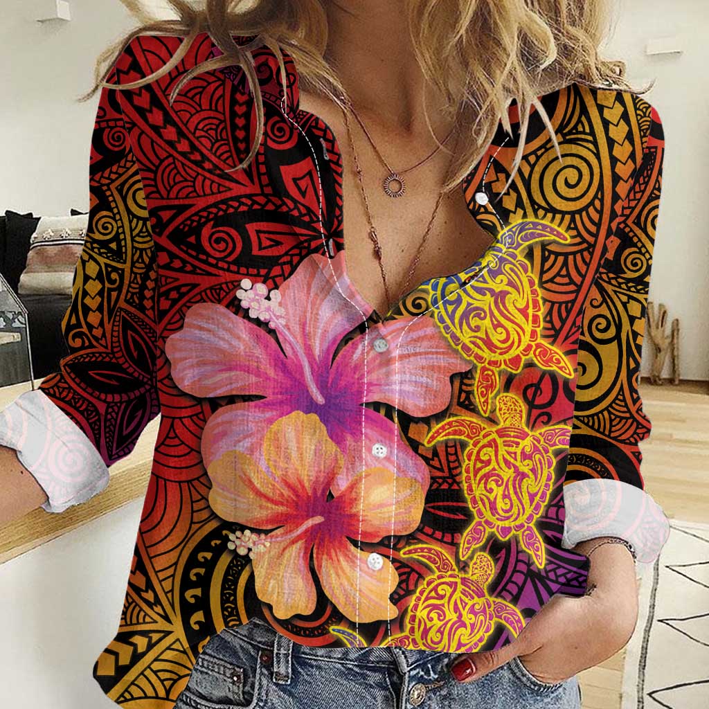 Hawaiian Hibiscus Turtle Tribal Polynesian Pattern Women Casual Shirt Colorful Color
