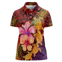 Hawaiian Hibiscus Turtle Tribal Polynesian Pattern Women Polo Shirt Colorful Color