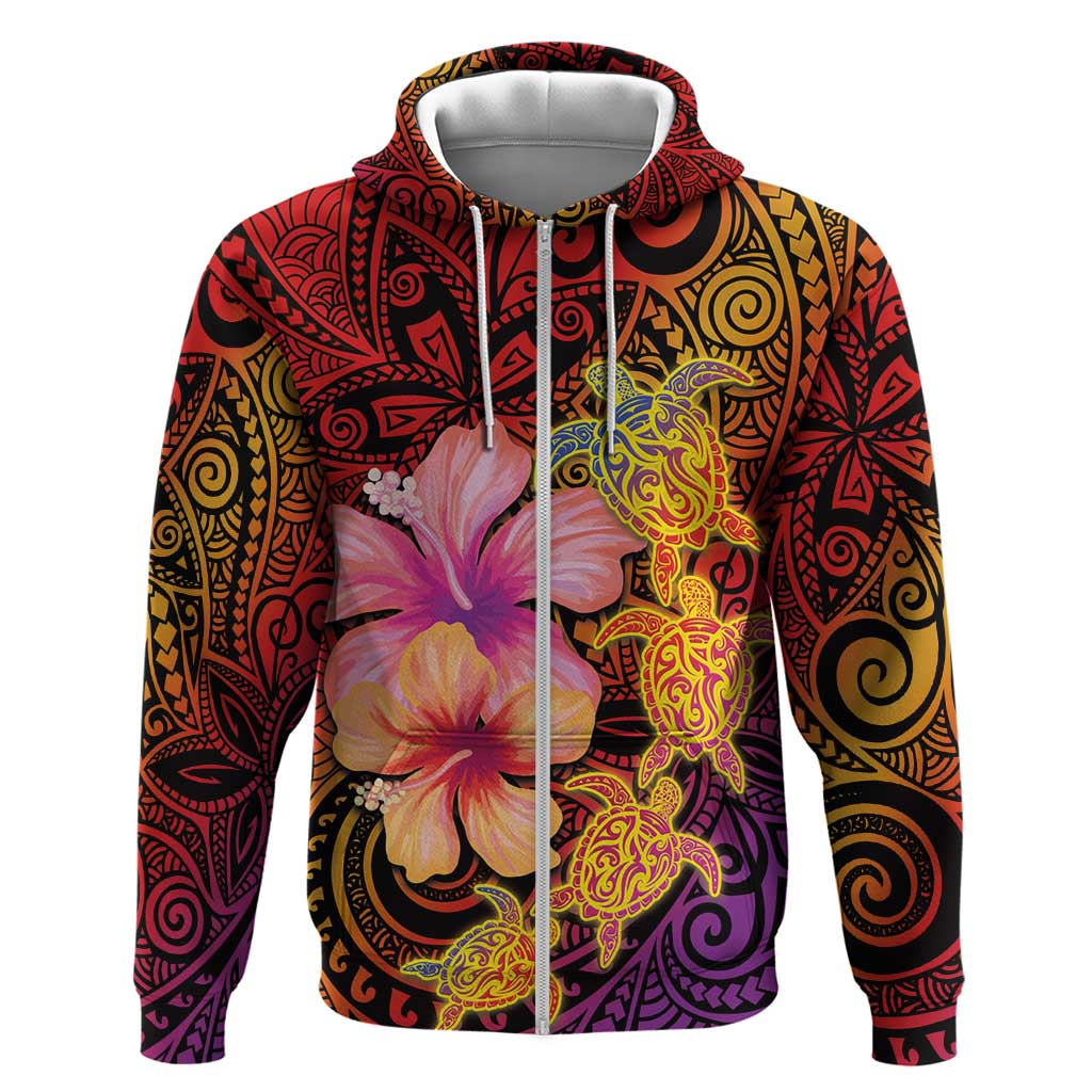 Hawaiian Hibiscus Turtle Tribal Polynesian Pattern Zip Hoodie Colorful Color