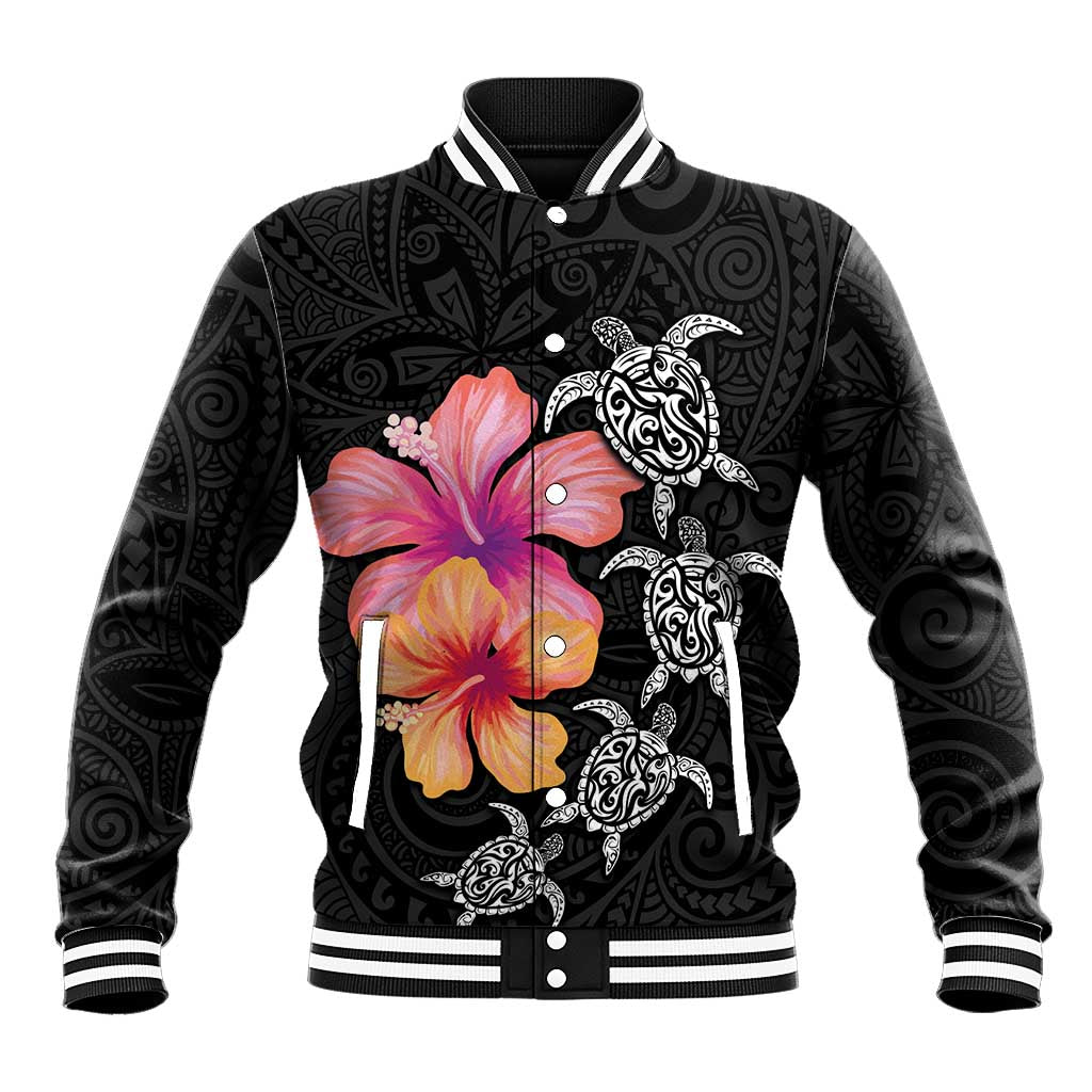 Hawaiian Hibiscus Turtle Tribal Polynesian Pattern Baseball Jacket Black Color LT03 Unisex Black - Polynesian Pride