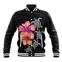 Hawaiian Hibiscus Turtle Tribal Polynesian Pattern Baseball Jacket Black Color LT03 Unisex Black - Polynesian Pride