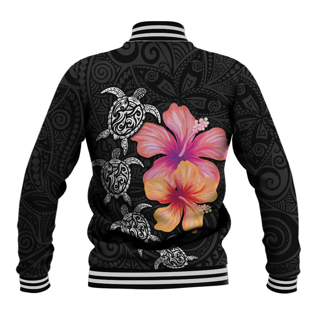 Hawaiian Hibiscus Turtle Tribal Polynesian Pattern Baseball Jacket Black Color LT03 - Polynesian Pride