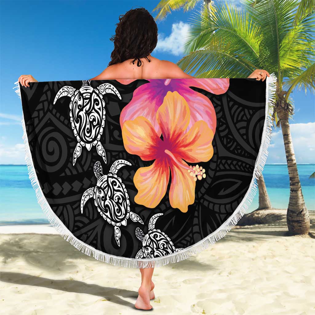 Hawaiian Hibiscus Turtle Tribal Polynesian Pattern Beach Blanket Black Color LT03 - Polynesian Pride