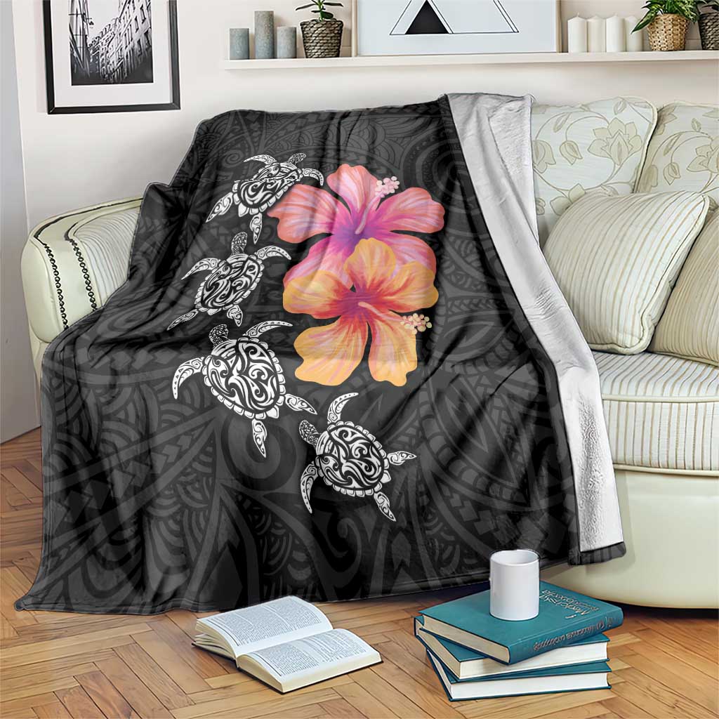 Hawaiian Hibiscus Turtle Tribal Polynesian Pattern Blanket Black Color LT03 Black - Polynesian Pride