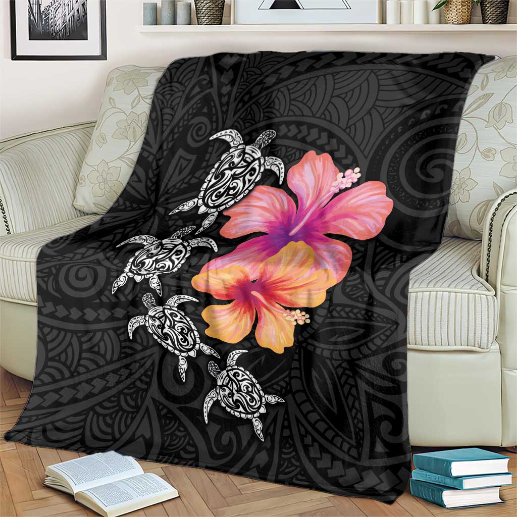 Hawaiian Hibiscus Turtle Tribal Polynesian Pattern Blanket Black Color LT03 - Polynesian Pride