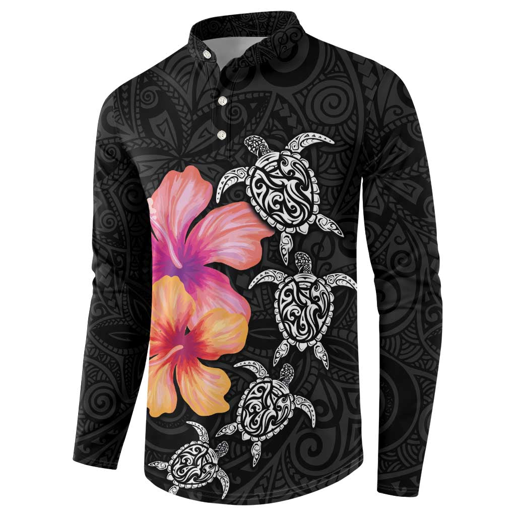 Hawaiian Hibiscus Turtle Tribal Polynesian Pattern Button Sweatshirt Black Color LT03 - Polynesian Pride
