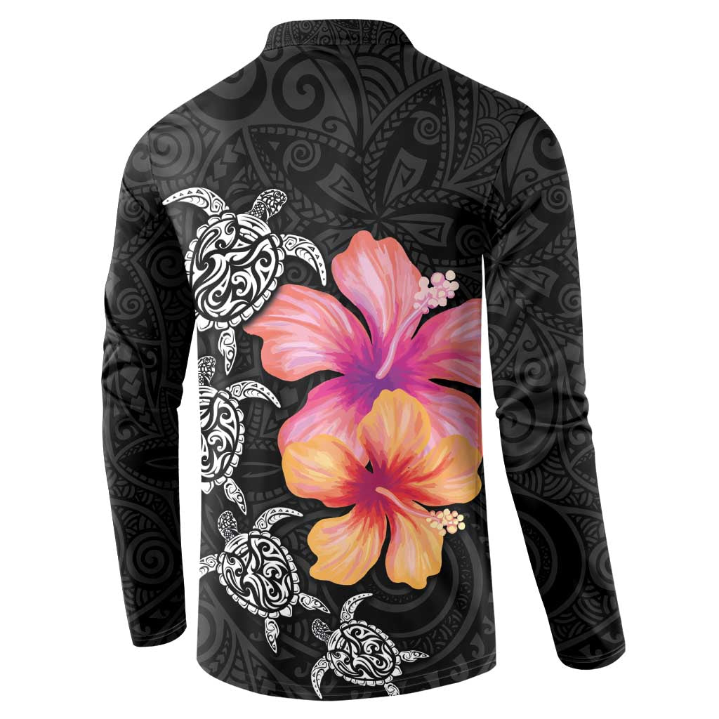 Hawaiian Hibiscus Turtle Tribal Polynesian Pattern Button Sweatshirt Black Color LT03 - Polynesian Pride