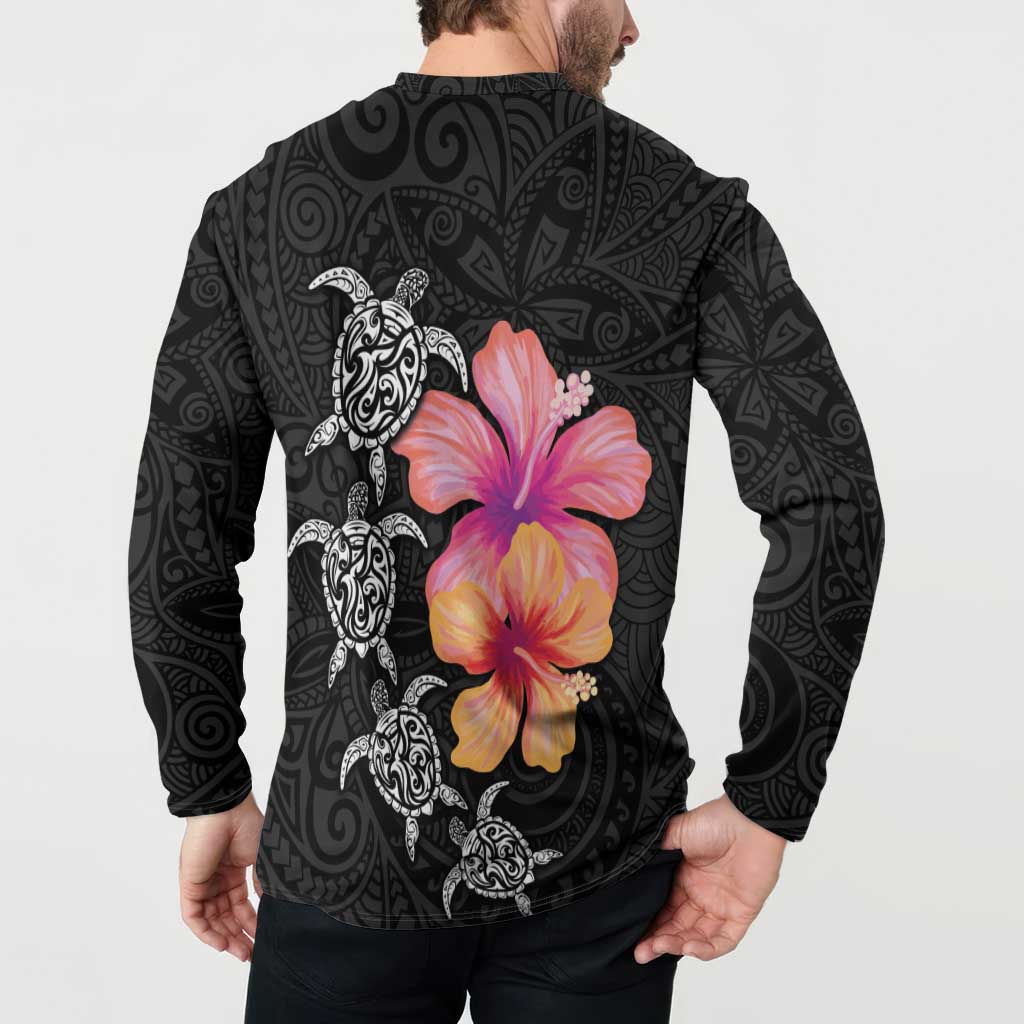 Hawaiian Hibiscus Turtle Tribal Polynesian Pattern Button Sweatshirt Black Color LT03 - Polynesian Pride