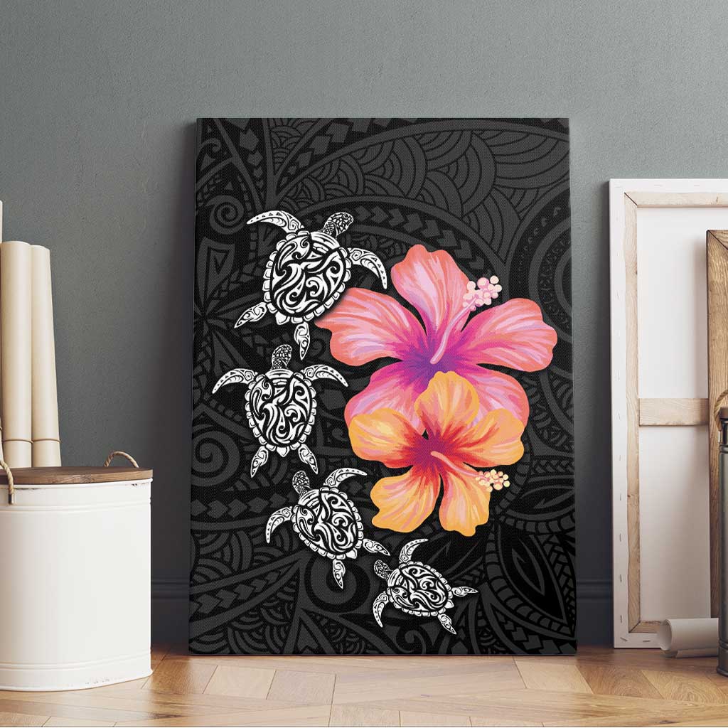 Hawaiian Hibiscus Turtle Tribal Polynesian Pattern Canvas Wall Art Black Color LT03 - Polynesian Pride