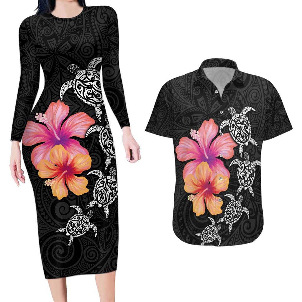 Hawaiian Hibiscus Turtle Tribal Polynesian Pattern Couples Matching Long Sleeve Bodycon Dress and Hawaiian Shirt Black Color