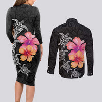 Hawaiian Hibiscus Turtle Tribal Polynesian Pattern Couples Matching Long Sleeve Bodycon Dress and Long Sleeve Button Shirt Black Color LT03 - Polynesian Pride