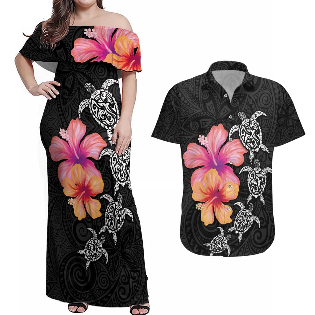 Hawaiian Hibiscus Turtle Tribal Polynesian Pattern Couples Matching Off Shoulder Maxi Dress and Hawaiian Shirt Black Color